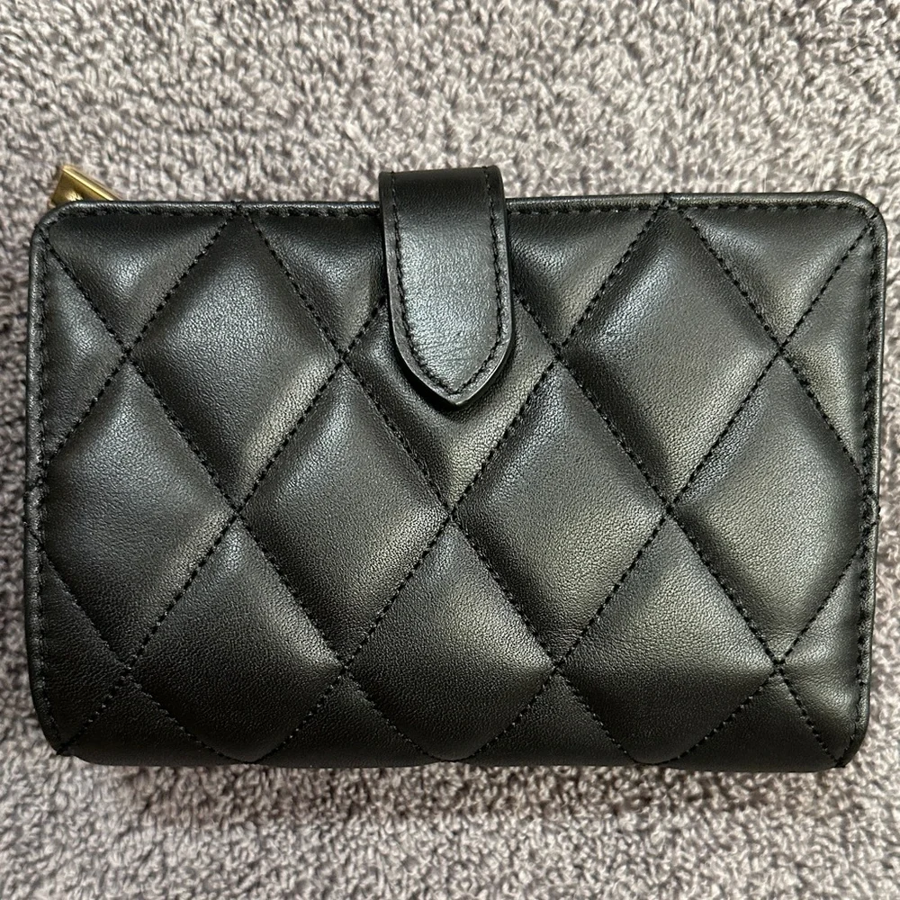 kate spade Medium Black Quilted Leather Zip-Around Wallet with Gold Logo